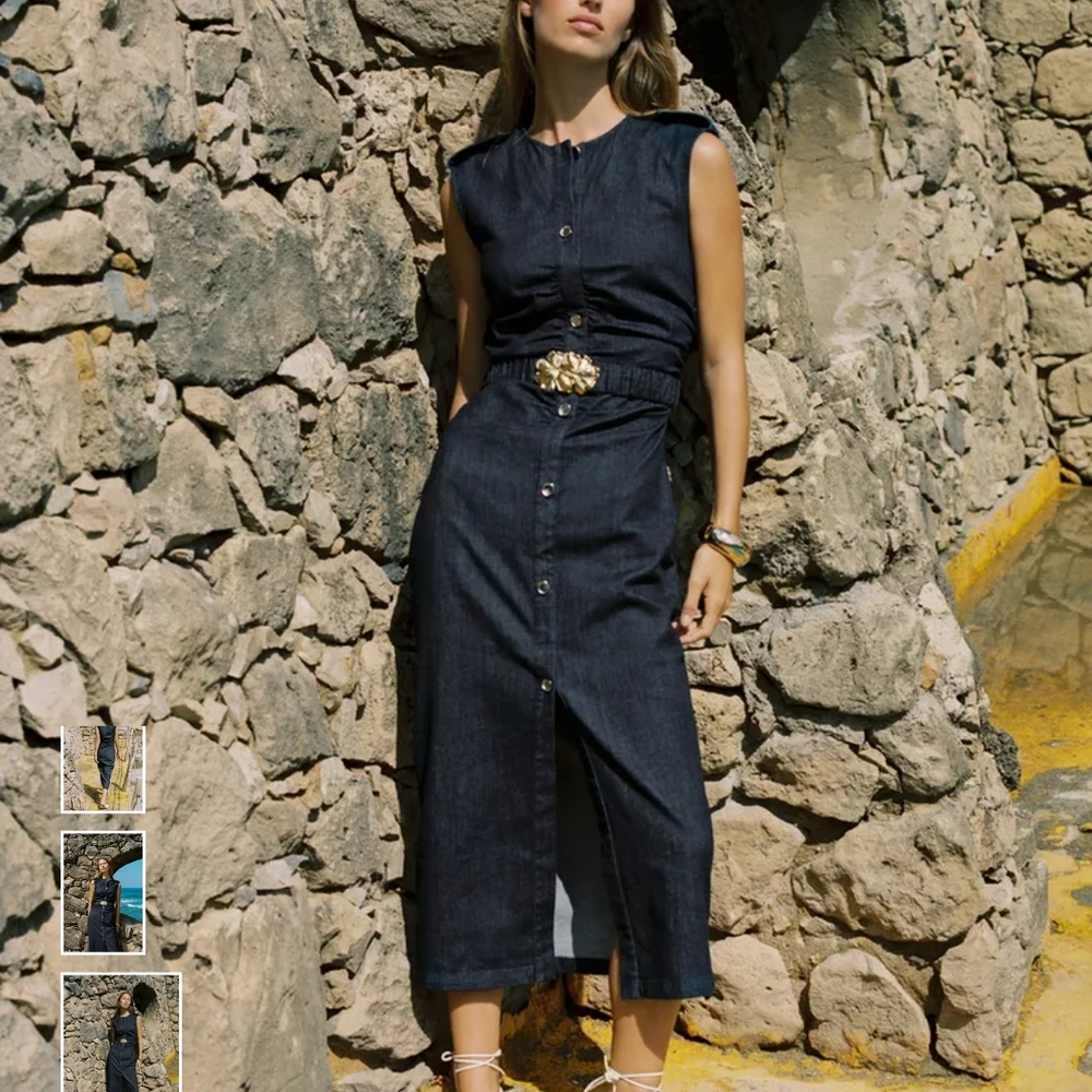 Zara Dark Blue Denim Midi Dress with Gold Accents - Picture 6 of 16